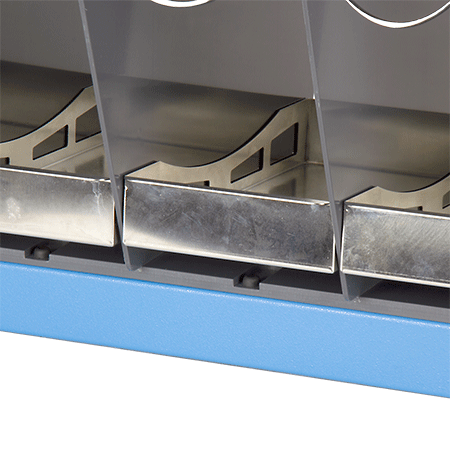 Close-Up of the stainless-steel Trip Box, raised